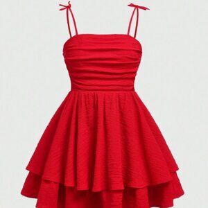 💚 Red Tiered Smocked Strappy Summer Mini Dress with Ruffles and Textured Fabric